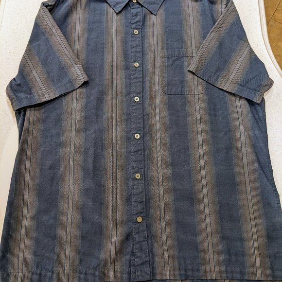 Van Heusen Mens Button down Short sleeve Blue tan stripe Shirt Large 16-16 1/2 - Picture 1 of 7